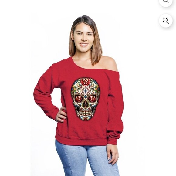 Red Oversized Off Shoulder Sugar Skull Day Of The Dead Sweatshirt Spider 2X - Picture 4 of 5
